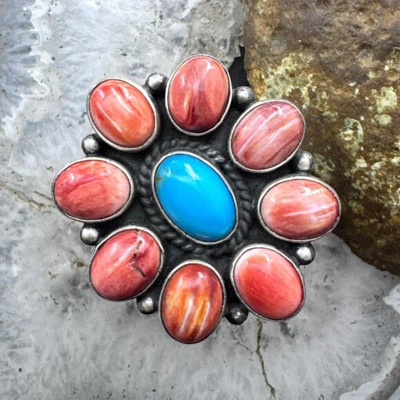 Native American Sterling Silver Turquoise &Spiny Oyster Adjustable Cluster Ring - Picture 1 of 10